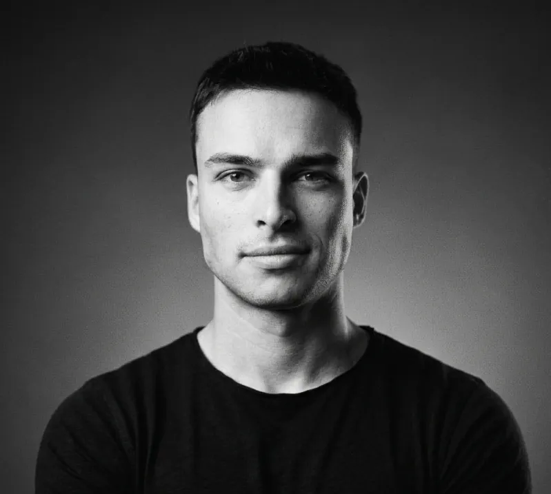 Mario Dinu, black and white portrait from the chest up